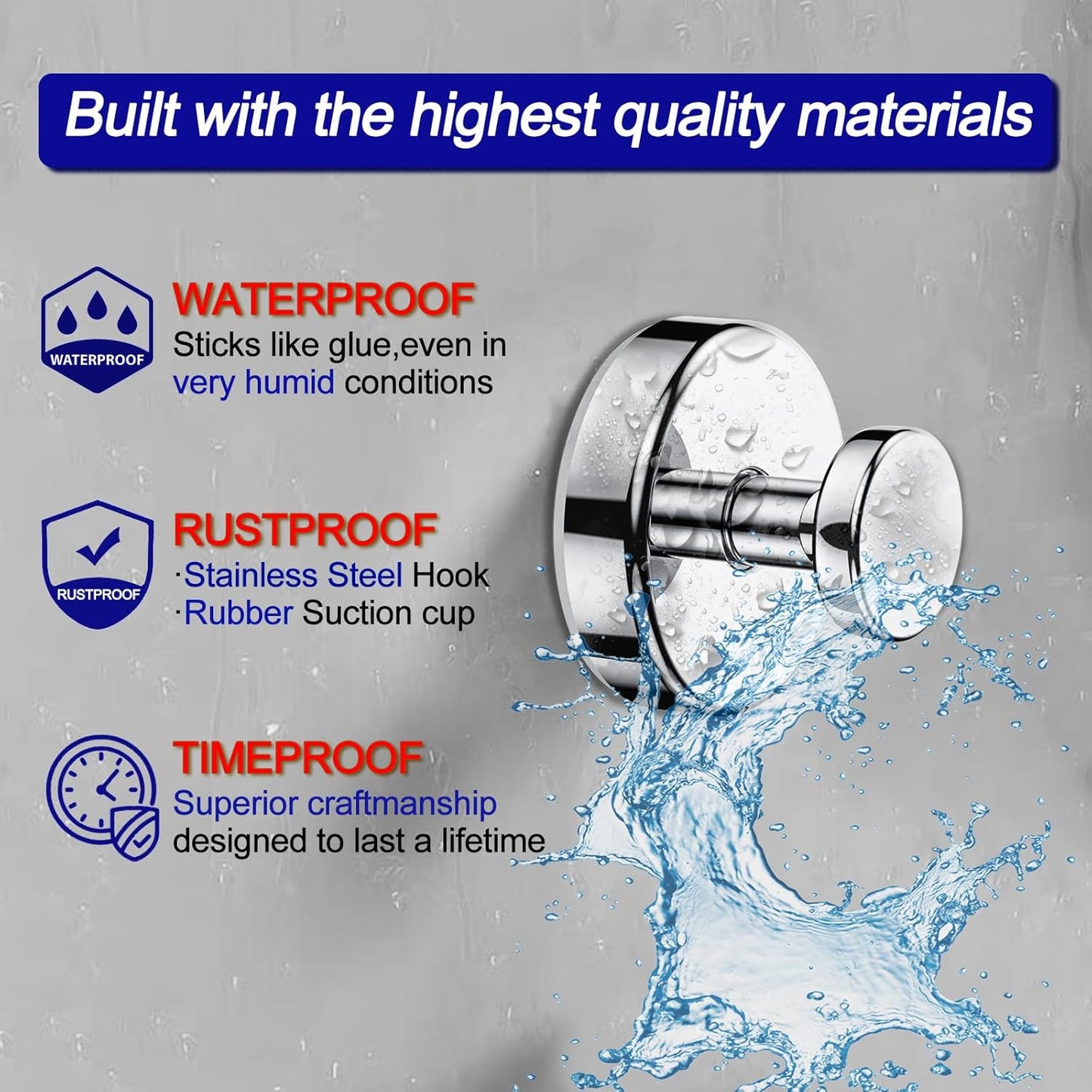 Suction Cup Hooks for Shower, Removable Towel Hooks for Bathroom Window Glass Door Wall, Bath Robe Looafh Hook for Hanging - 4 Pack, Chrome