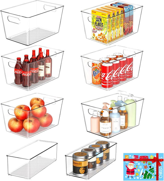 Set of 8 Clear Plastic Storage Bins, 6 Large +2 Small Pantry Organizers and Storage Containers for Kitchen Organization, Home Storage Essentials for Office, Closet, Garage, Freezer& Bathroom