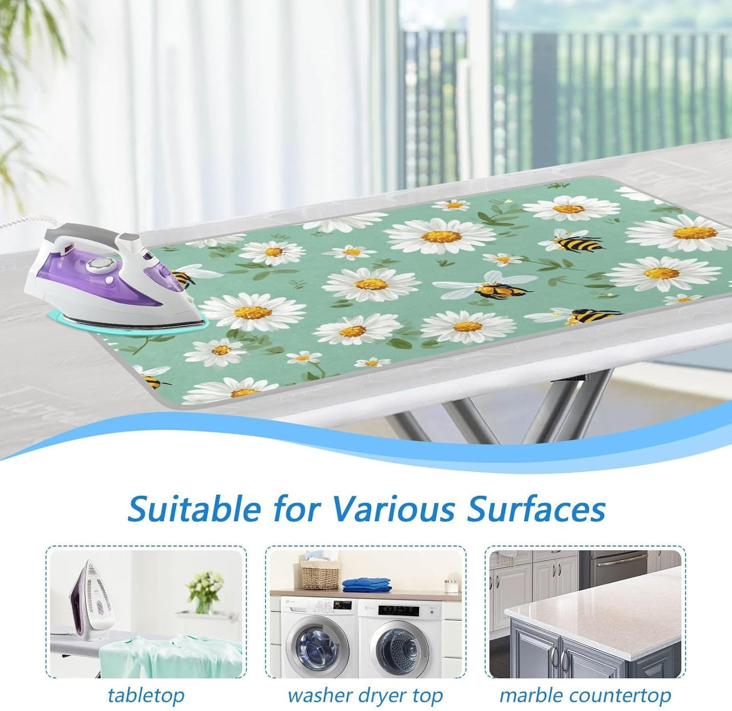 Ironing Mat Portable Ironing Pad Ironing Blanket for Table Top Heat Resistance Double-Side Using Travel Large 47.2 x 27.6 Inch Foldable Lightweight Mint Green Daisy Flowers and Bees