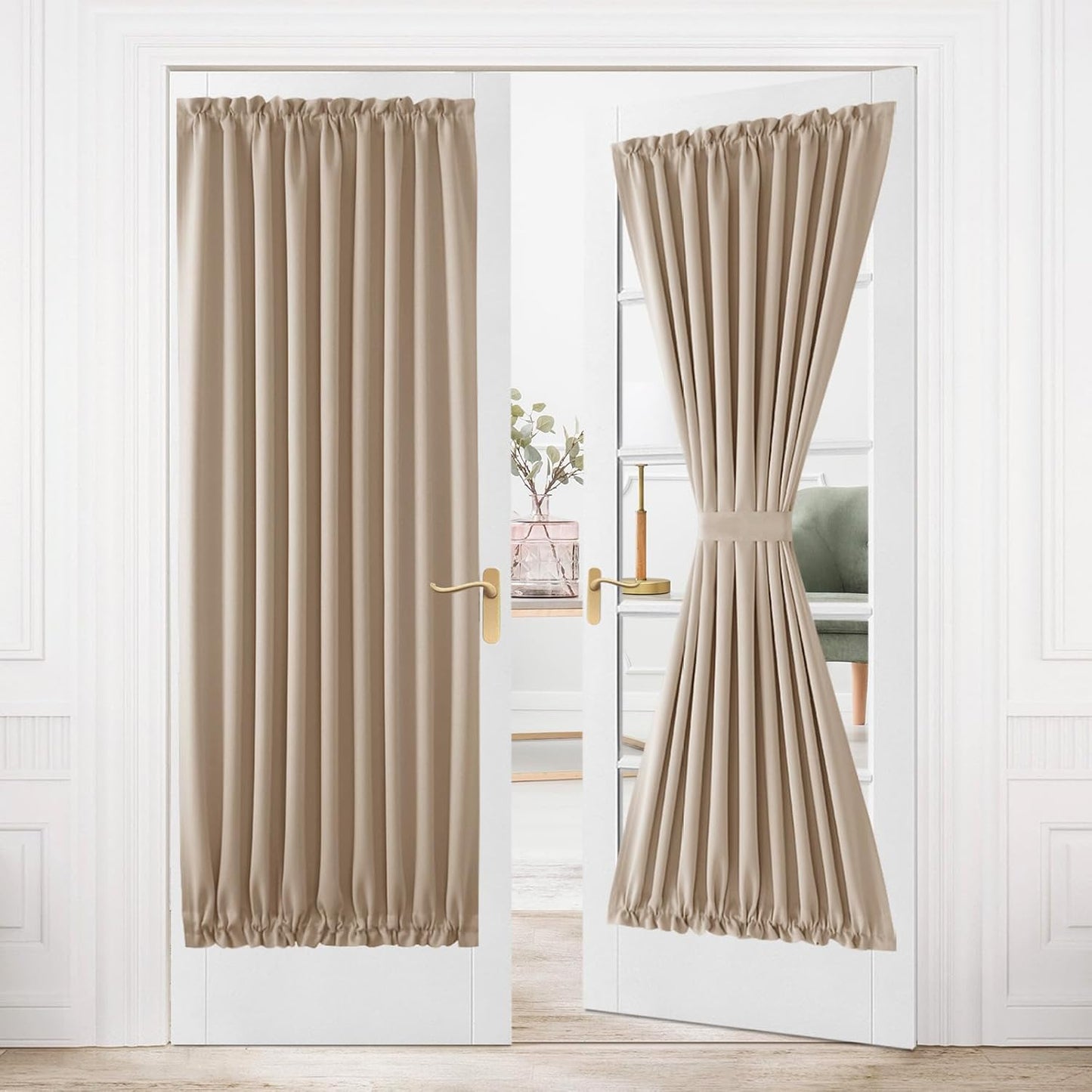 DWCN French Door Curtains – Rod Pocket Thermal Blackout Curtain for Doors with Glass Window, Kitchen and Patio Doors for Privacy, 54 X 80 Inches Long, 1 Curtain Panel with Tieback, Beige