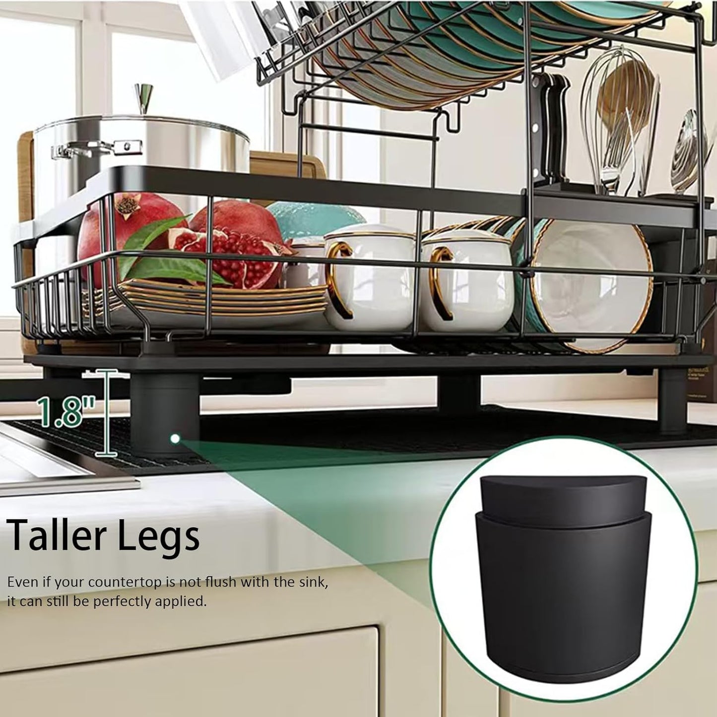 Dish Drying Rack, Large 2 Tier Stainless Steel Dish Rack for Kitchen Counter with a Drainboard, Cutlery, Cup Holder, Kitchen Organizers and Storage Rack, 17" L x 13" W, Black