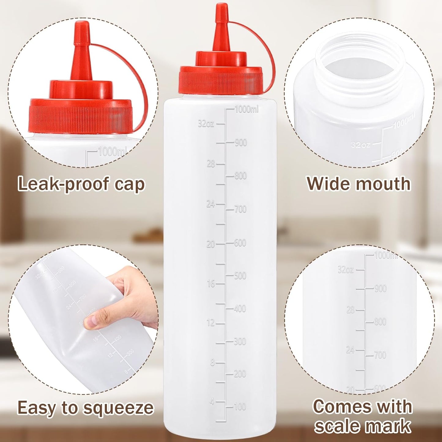 Condiment Squeeze Bottles Ketchup Dispenser, 2 Pack 32oz Squeeze Bottles for Liquids, Plastic Sauce Bottle with Cap Lid, Squirt Bottles for Sauces Liquids BBQ Dressing Pancake Art