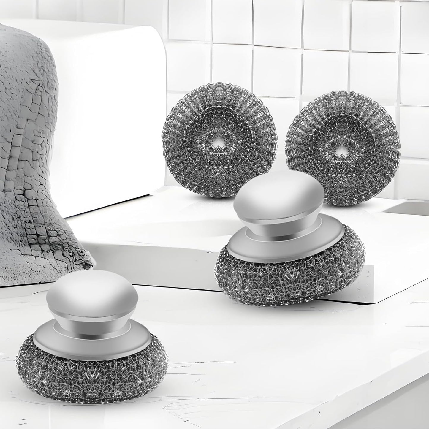 Stainless Steel Wool Scrubber with 2 Replacement Pads - Clean Metal Pans, Pots, Grills & More