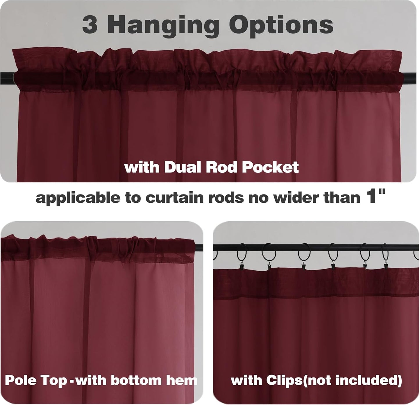 Chyhomenyc Sheer Valances for Windows 2 Pack, 42W x 14L inches Small Window Curtains for Living Room Bathroom Cafe Laundry Basement, Modern Top Dual Rod Pocket Voile Curtain, Burgundy