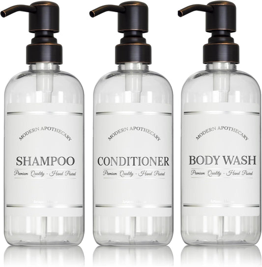 Clear Refillable Shampoo, Conditioner, and Body Wash Bottles - PET Plastic Shampoo Bottles Refillable with Oil Rubbed Bronze Pump - Waterproof Labels - 16 oz, 3 Pack