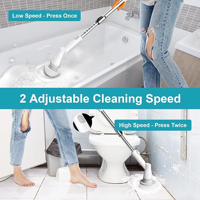 Ultrean Spin Brush, Cordless Electric Spin Scrubber with 4 Replaceable Brush Heads Adjustable Extension Handle, 2 Speed Shower Scrubber for Cleaning Bathroom, Tile, Floor, Tub