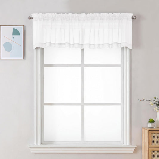 Chyhomenyc Sheer White Valances for Windows 2 Pack, Small Window Curtains for Living Room Bathroom Cafe Laundry Basement, Modern Top Dual Rod Pocket Voile Curtain, 42W x 18L inches, White