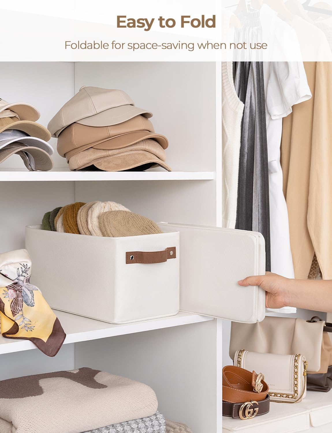 StorageWorks Narrow Storage Bins, Small Basket for Closet and Shelves, Rectangular Fabric Organizer with Handles, Toilet Paper Storage, Beige, 2-Pack