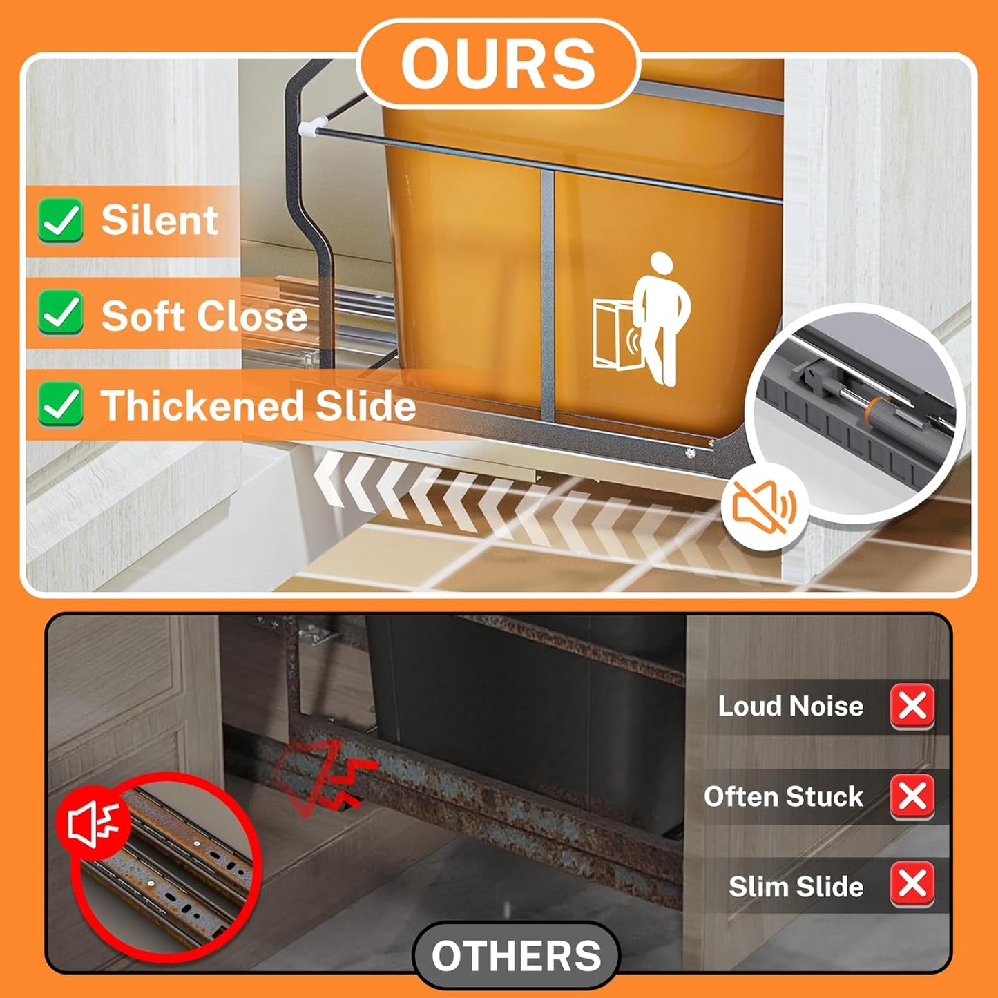 YJHome Pull Out Trash Can Under Cabinet with Push to Open Slides, Garbage Can Not Included, Cabinet Trash Can Pull Out Kit with Door Mounting Kit, Requires Minimum Cabinets Opening 15" W