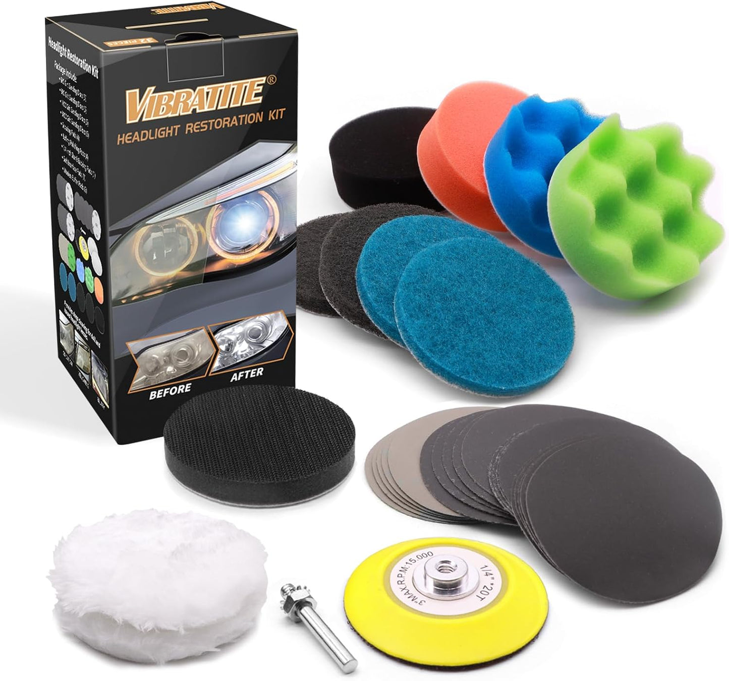 VIBRATITE Car Headlight Restoration Kit, 3 Inch Car Polishing Sanding Discs with 1/4 Inch Shank Backing Pad, Scouring Pads, Buffing Sponge Pads, Soft Interface Pad, Woolen Buffer Pads, 32PCS