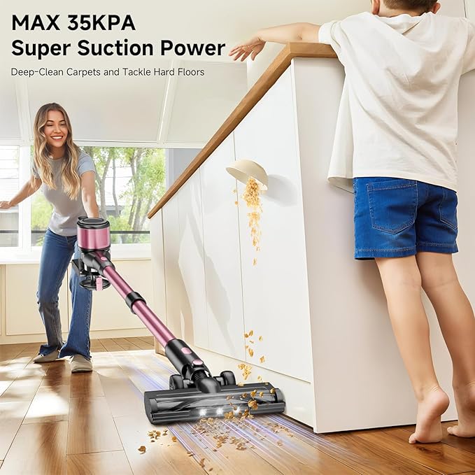 Cordless Vacuum Cleaner, 38Kpa Powerful Stick Vacuum Cleaner with 45mins Rechargeable Battery, LED Anti-Tangle Brush, 8-in-1 Handheld Vacuum Cleaners for Home/Pet Hair/Carpets/Floors, Rose