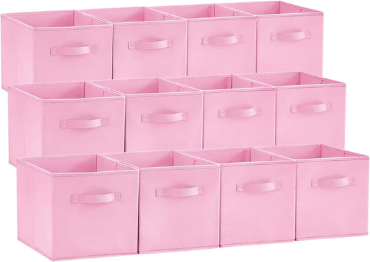 Lifewit 12 Packs Storage Cubes, 11 Inch Cube Storage Bins, Foldable Decorative Fabric Storage Baskets for Organizing Home Organizers with Handles for Shelves, Closet,Pink