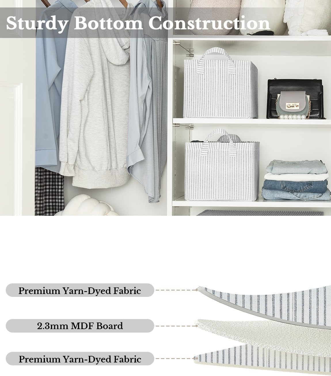 StorageWorks Storage Bins, Fabric Storage Bins for Shelves, Storage Baskets with Metal Frame, Closet Baskets and Bins with Handles, Khaki and Beige Stripes, 2-Pack