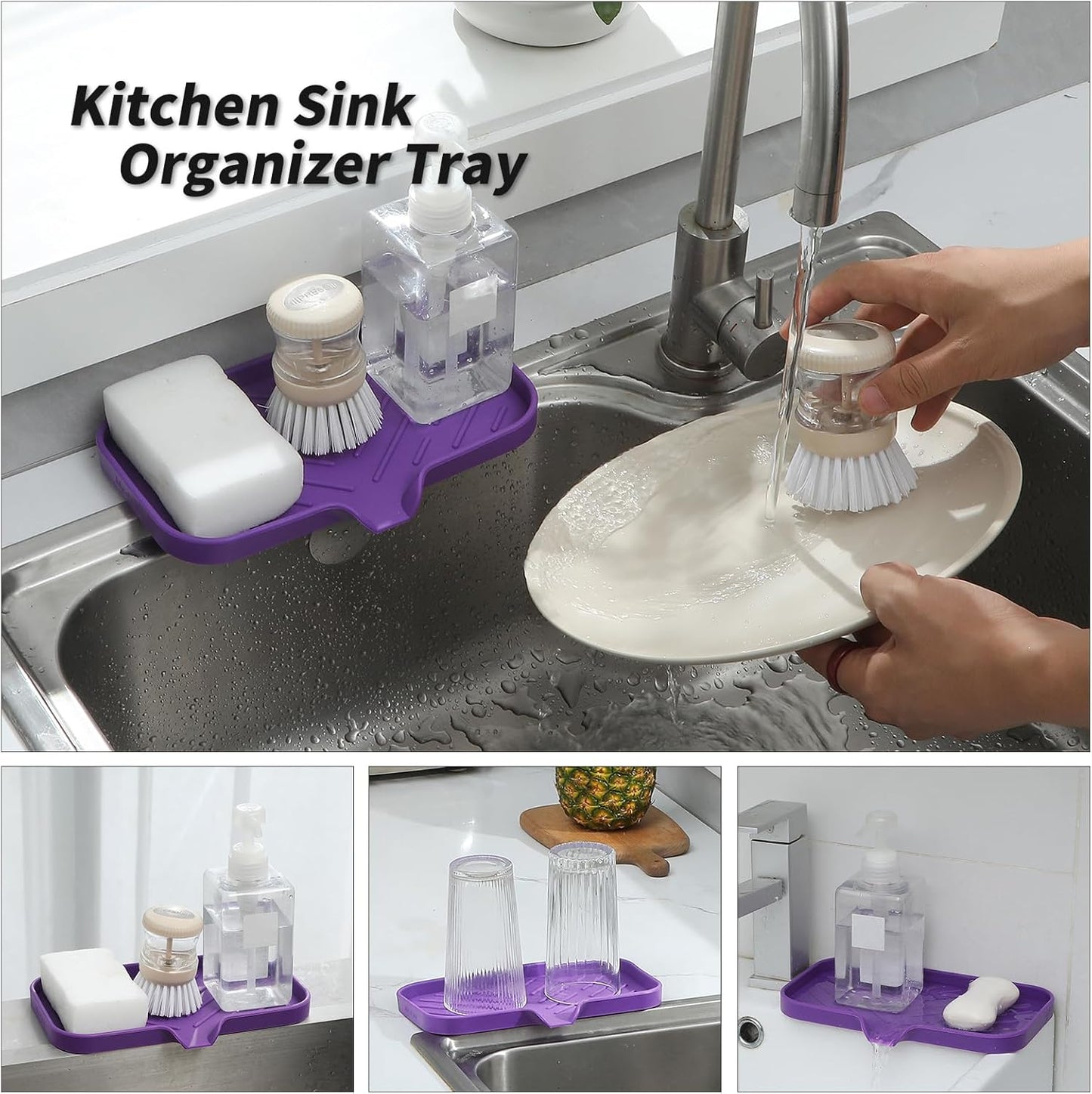 Silicone Bathroom Soap Dishes with Drain Spout-Bathroom and Kitchen Sink Organizer,Sponge Holder,Dish Soap Tray,Perfect for Dispenser,Scrubber,Bottle,Cup on Sink or Counter-Purple 9.6"×5.3"