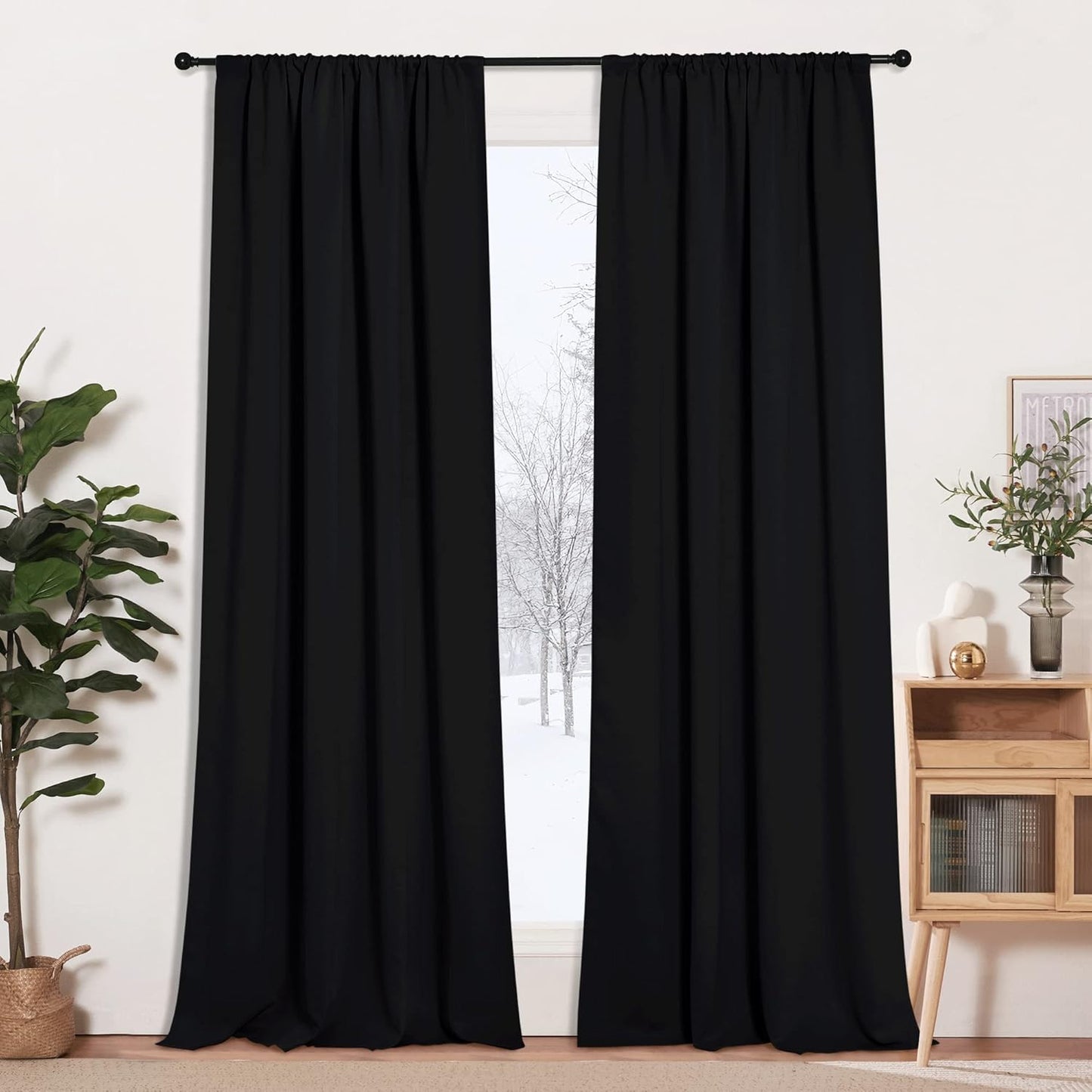 RYB HOME Blackout Curtains for Living Room, Large Window Shades for Bay Window Dining Parlor Bedroom Patio Door, Wide 52 x Long 102 inches, Black, 2 Panels