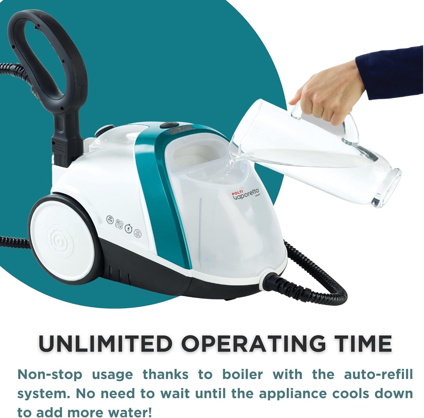 POLTI Vaporetto Smart 100 Steam Cleaner with Unlimited Steam Technology, Sanitize Floors, Carpets and Surfaces Adjustable High Power Steam Pressure Up to 58 PSI with 10 Accessories 1 Year Warranty
