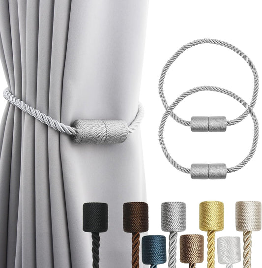 2 Pack Grey Strong Magnetic Curtain Tiebacks Outdoor Elegant Decorative Tie Backs Modern Rope Tiebacks for Drapes Window Curtain Holdbacks for Draperies