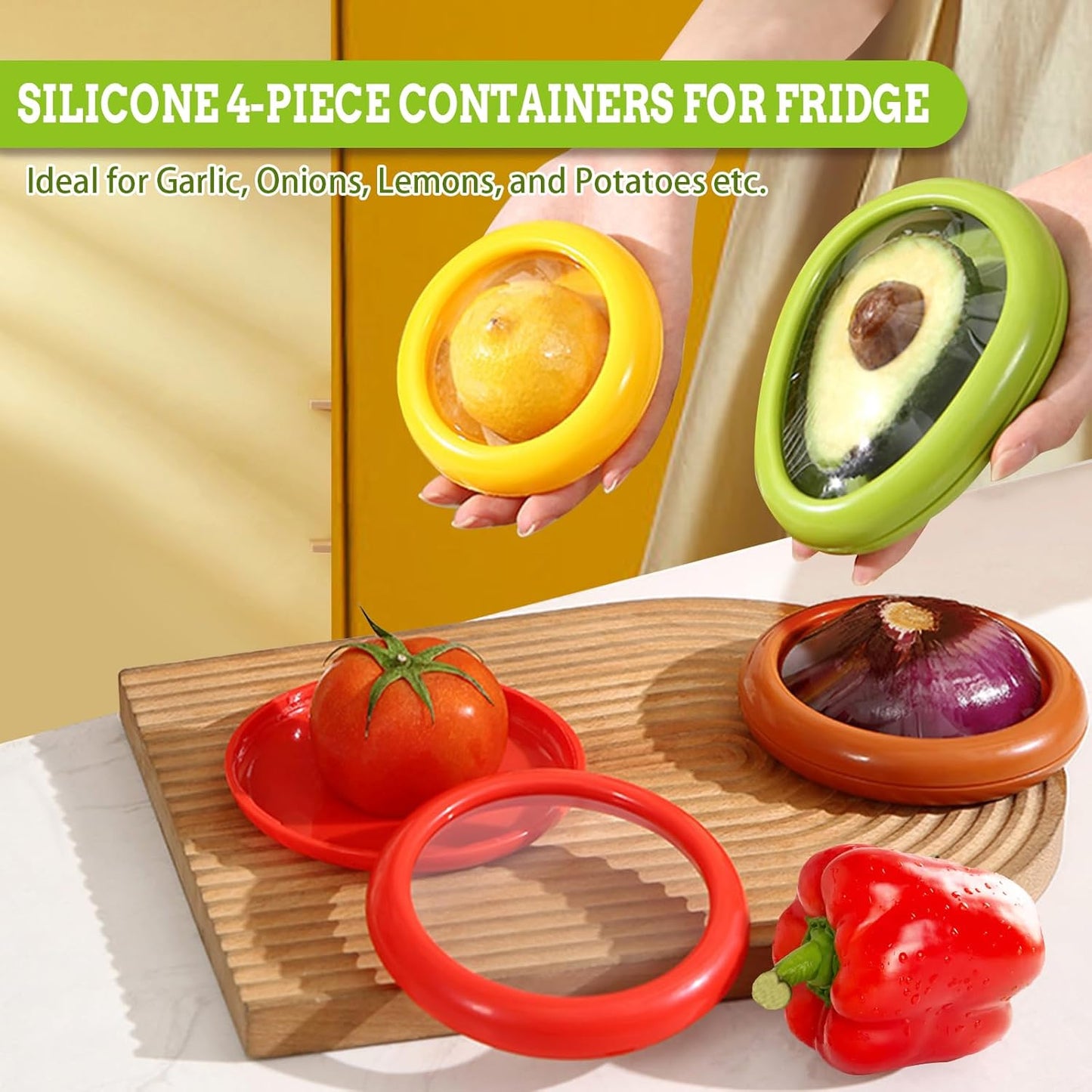 Set of 4 Saver and Tomato Holder - Reusable Storage Containers for Fridge - Fridge Organizer Ideal for Garlic, Onions, Lemons, and Potatoes