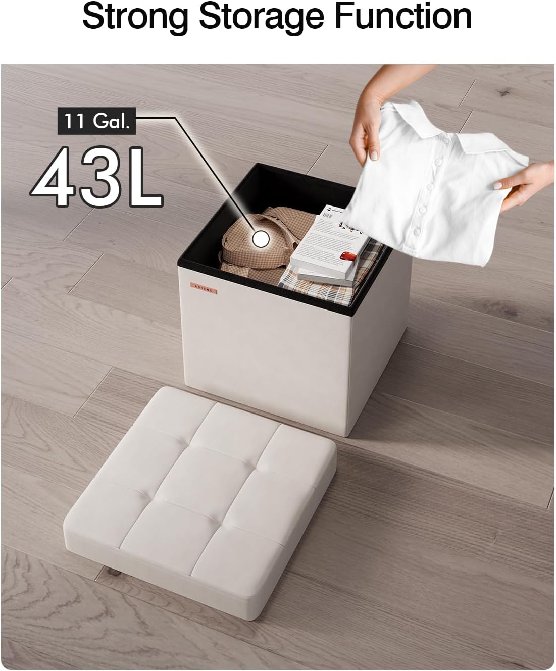 Folding Storage Ottoman, Velvet Storage Bench, Footrest, Footstool,for Living Room, Bedroom and Office,15 x 15 x 15 Inches, 300 kg Load Capacity,Cream White, UASND04W