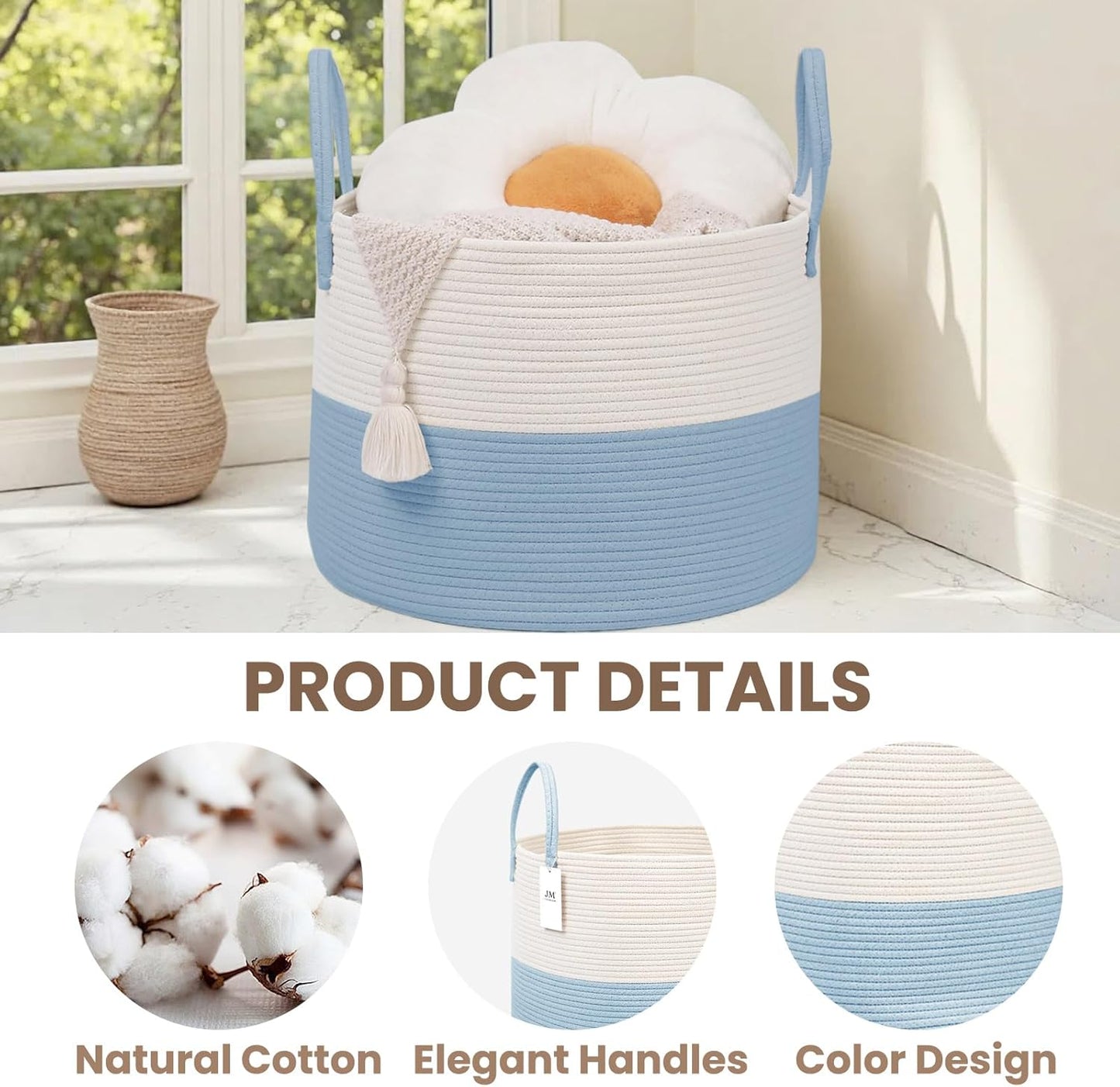 Woven Blanket Basket,115L Large Rope Storage Bin with Handles, Organizer for Blankets Toys Book and Clothes, Laundry Basket for Living Room Bedroom Nursery,White&Blue