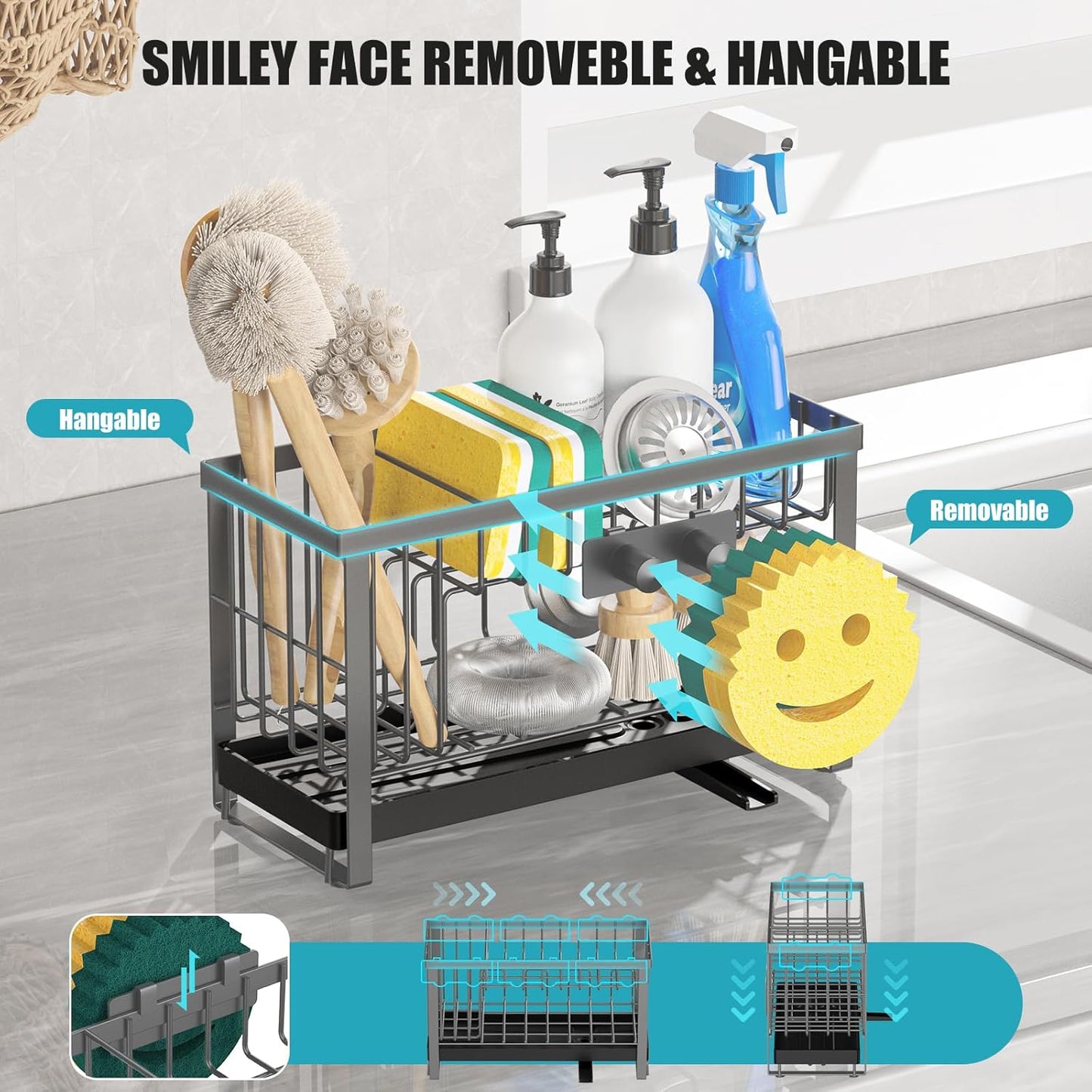 Sponge Holder for Kitchen Sink with Flexible Sink Caddy Smiley Face,2 Tier Kitchen Sponge Holder Countertop and Storage Essentials,Soap Dispenser Organize,Home Decor Accessories-Gray