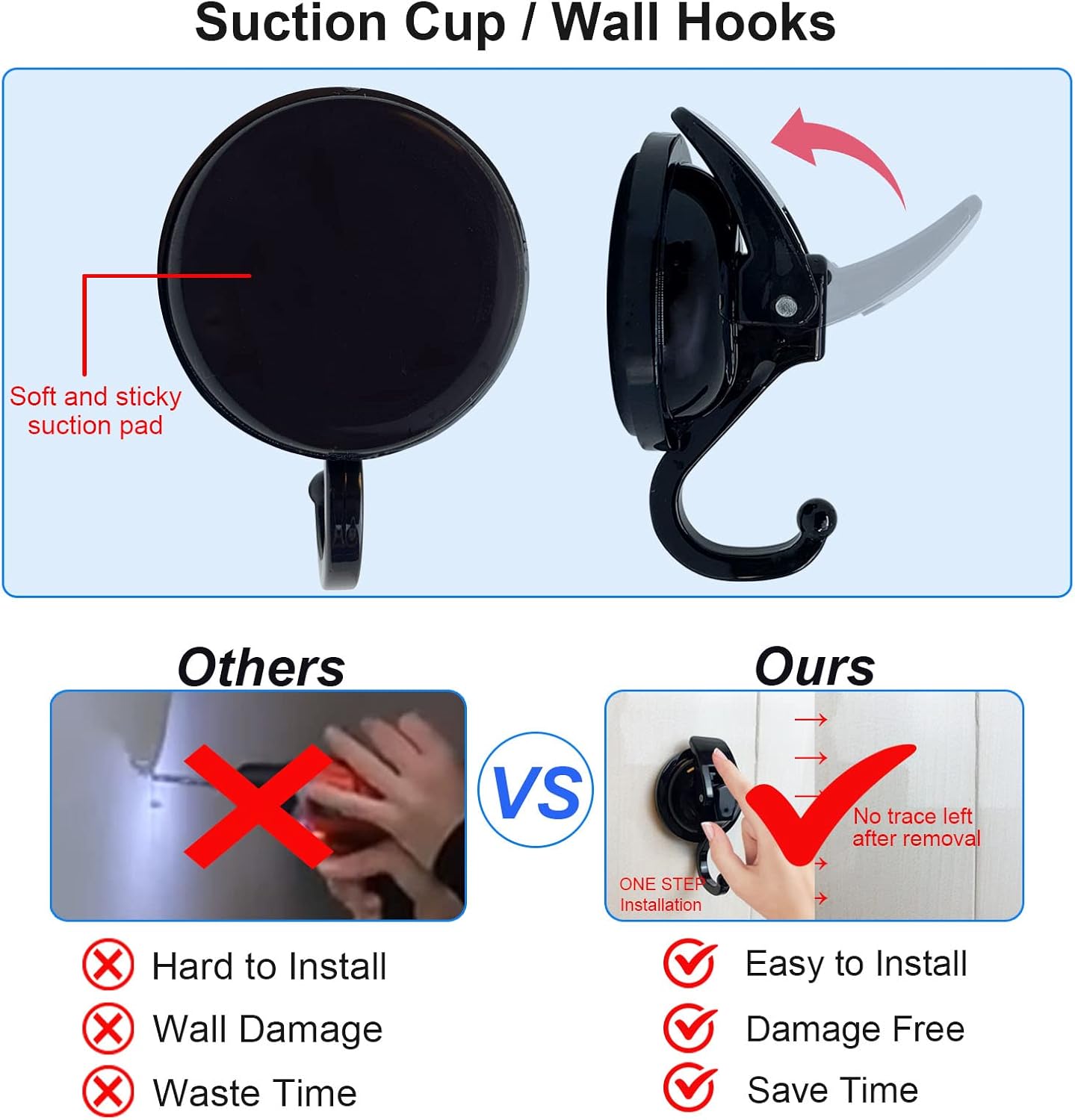 Heavy Duty Suction Cup Hooks for Shower, Bathroom Robe, Garland Decoration - Vacuum Glass Hooks, Reusable, No Hole Punched (Black, 4 Pack)