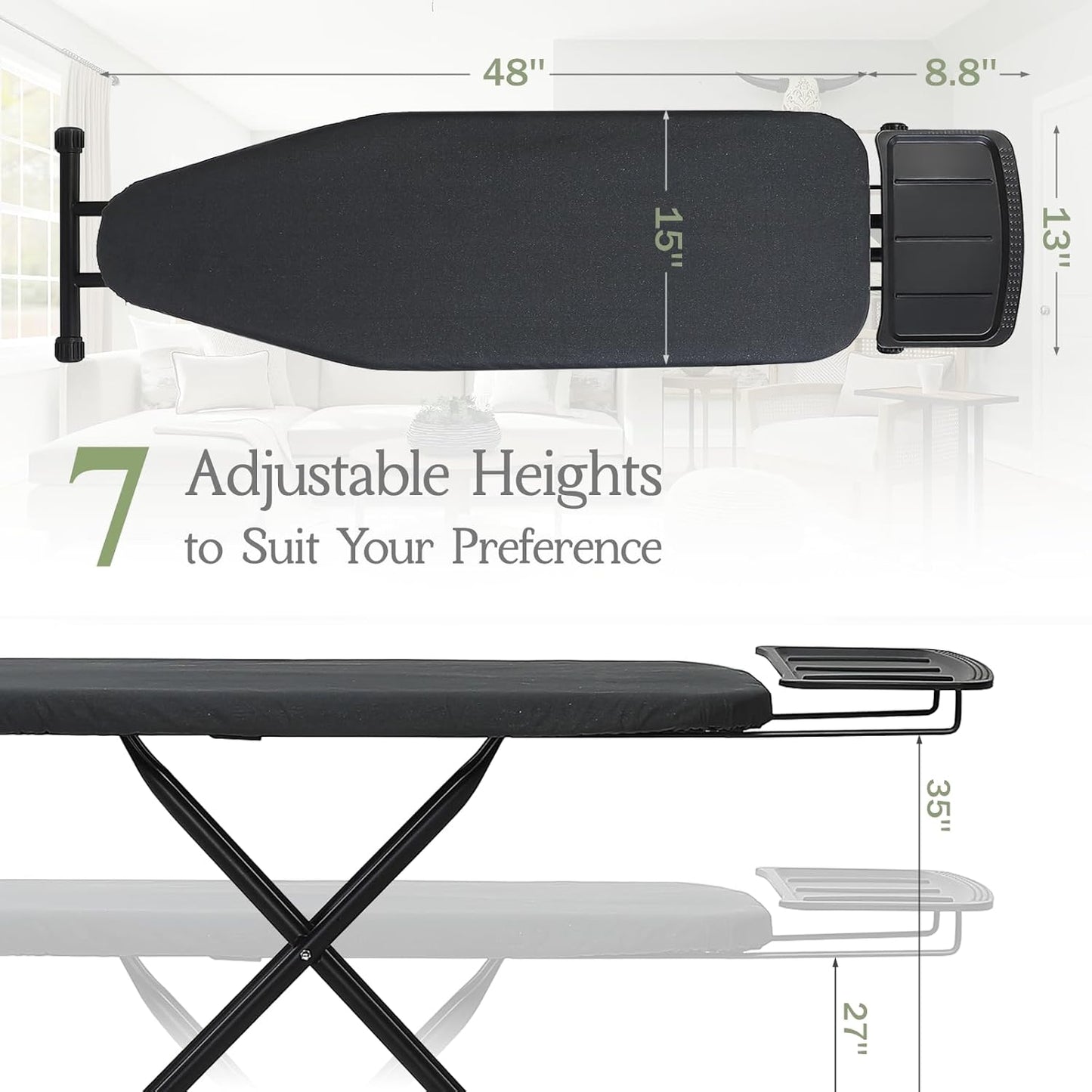 Ironing Board 48x15, Wide Heavy Duty Full Size Iron Board with Retractable Iron Rest, BlissBoard Sturdy Frame with Ultra Thick Padding, Heat-Resistant Cover, Height-Adjustable