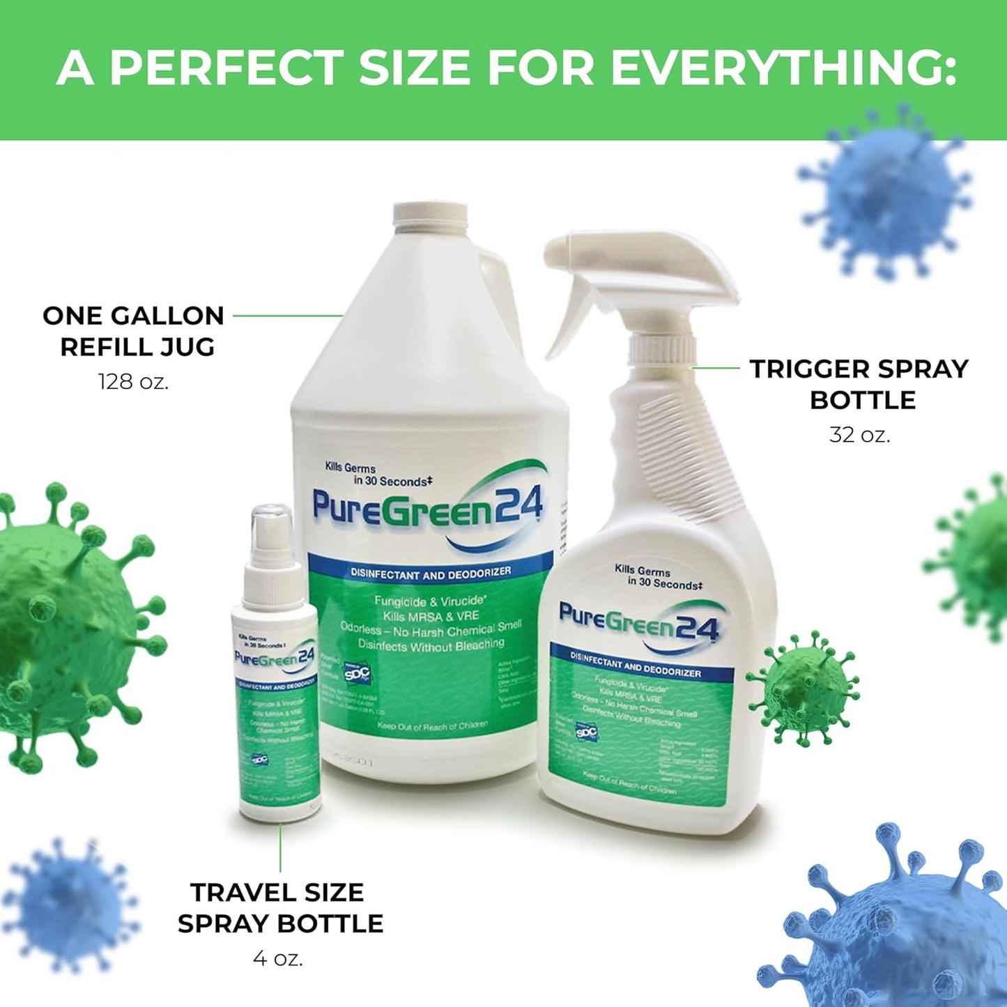 PureGreen24 Safe & Effective Disinfectant. Kills Deadly Germs including RSV COVID-19 Norovirus MRSA Staph 2025 flu Bird flu Contains no toxic chemicals odorless child & pet safe 1 4oz spray bottle