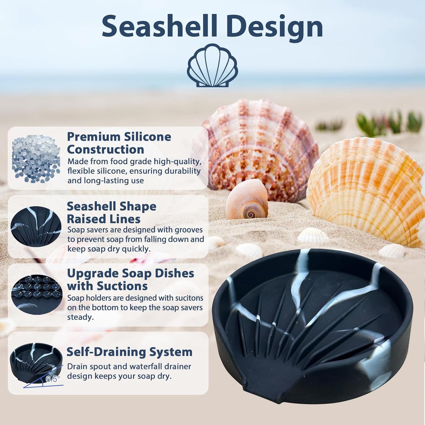 Self Draining Soap Dish, Silicone Suction Cup Soap Holder Tray Savers Container Sponge Holder for Bar Bathroom Shower Kitchen Sink, Can Extend Soap Life (2, Marble)