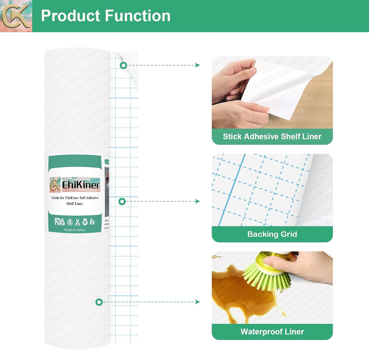 Self-Adhesive Shelf Liner Kitchen Liner, Waterproof Backed Paper Easy Peel and Stick Contact Liner Without Residue for Decor Your Desk Surface, Kitchen Countertops (White, 17.5 x 236.2 inches)