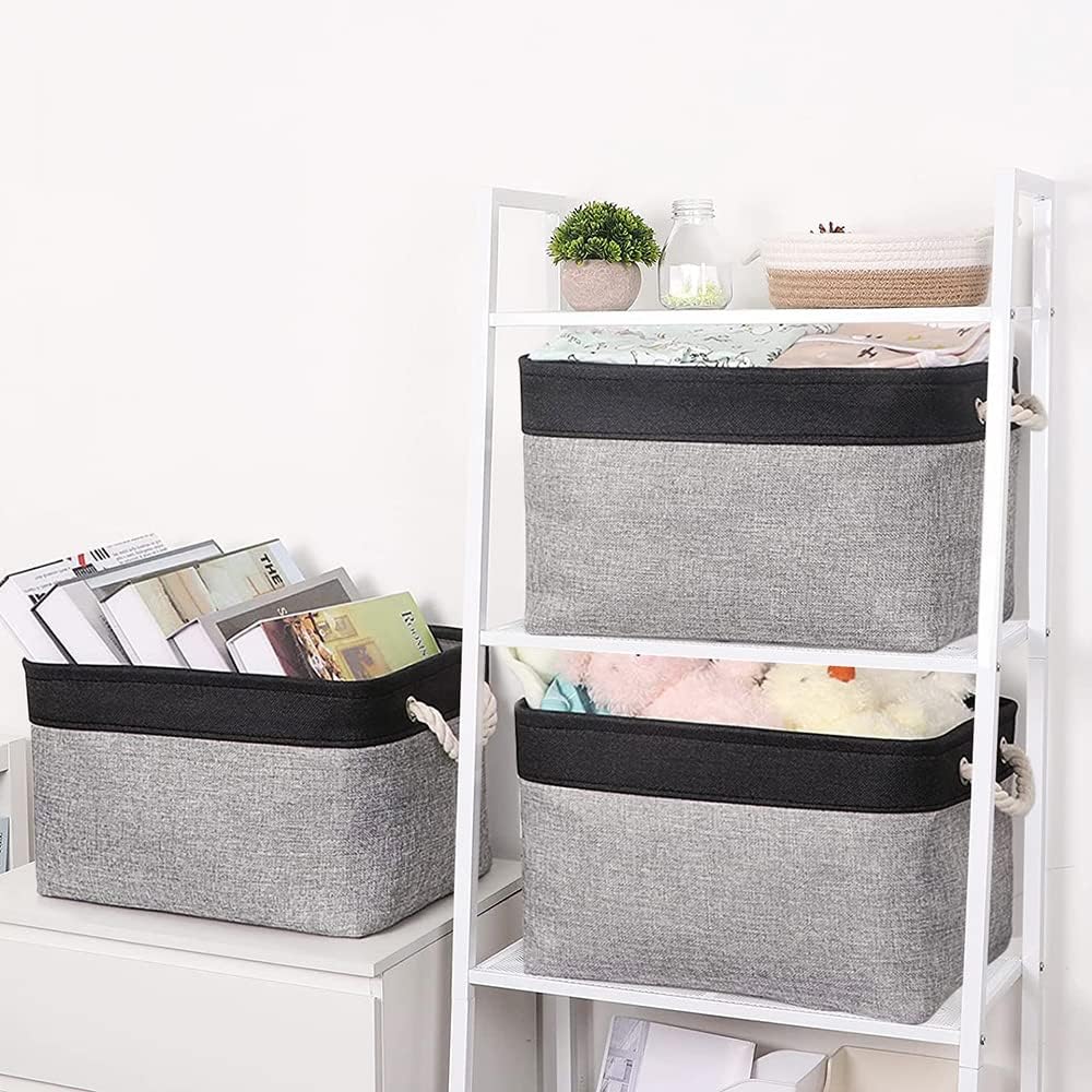 TheWarmHome Organization and Storage Basket for Shelves - 20x16x14 inch Jumbo 3 Pack Collapsible Storage Bins for Organizing, Fabric Storage Cubes for Organizer Gift Toy Closet (Black & Grey)