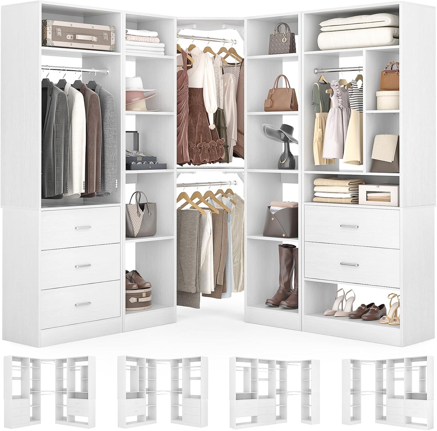 Corner Closet System with 5 Drawers, Closet Organizer System with 15+Shelvess & 4 Hanging Rods, 63.2"L * 63.2"W / 87.2"L * 39.2"W Reversible L Shaped Walk-in Closets, Load 2500+LBS, White