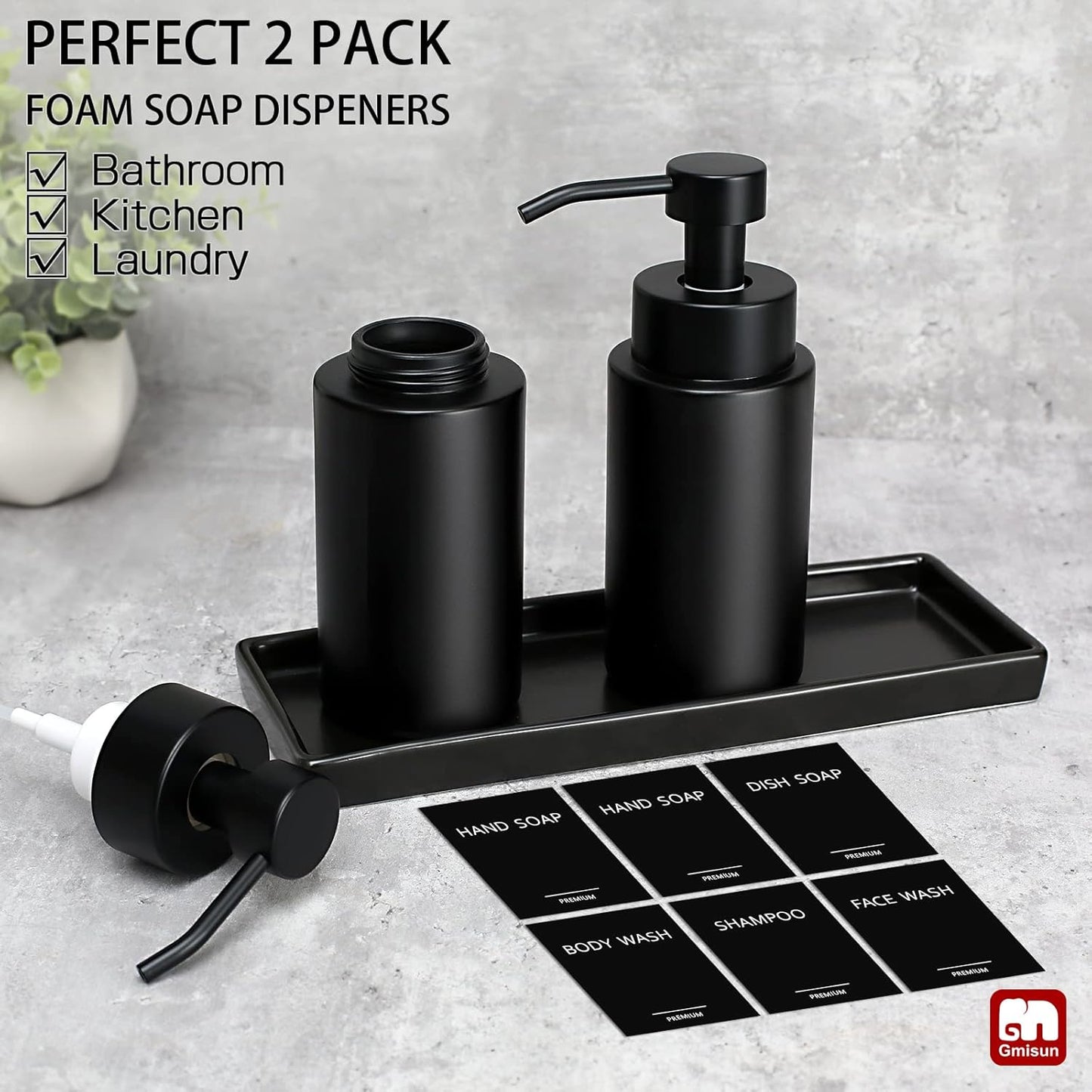 GMISUN Foaming Soap Dispenser, 10 Fl oz/300 ml Matte Black Glass Foaming Hand Soap Dispenser, 2Pcs Hand Soap Dispensers for Bathroom & Kitchen, Refillable Foam Soap Pump Bottle with Waterproof Labels
