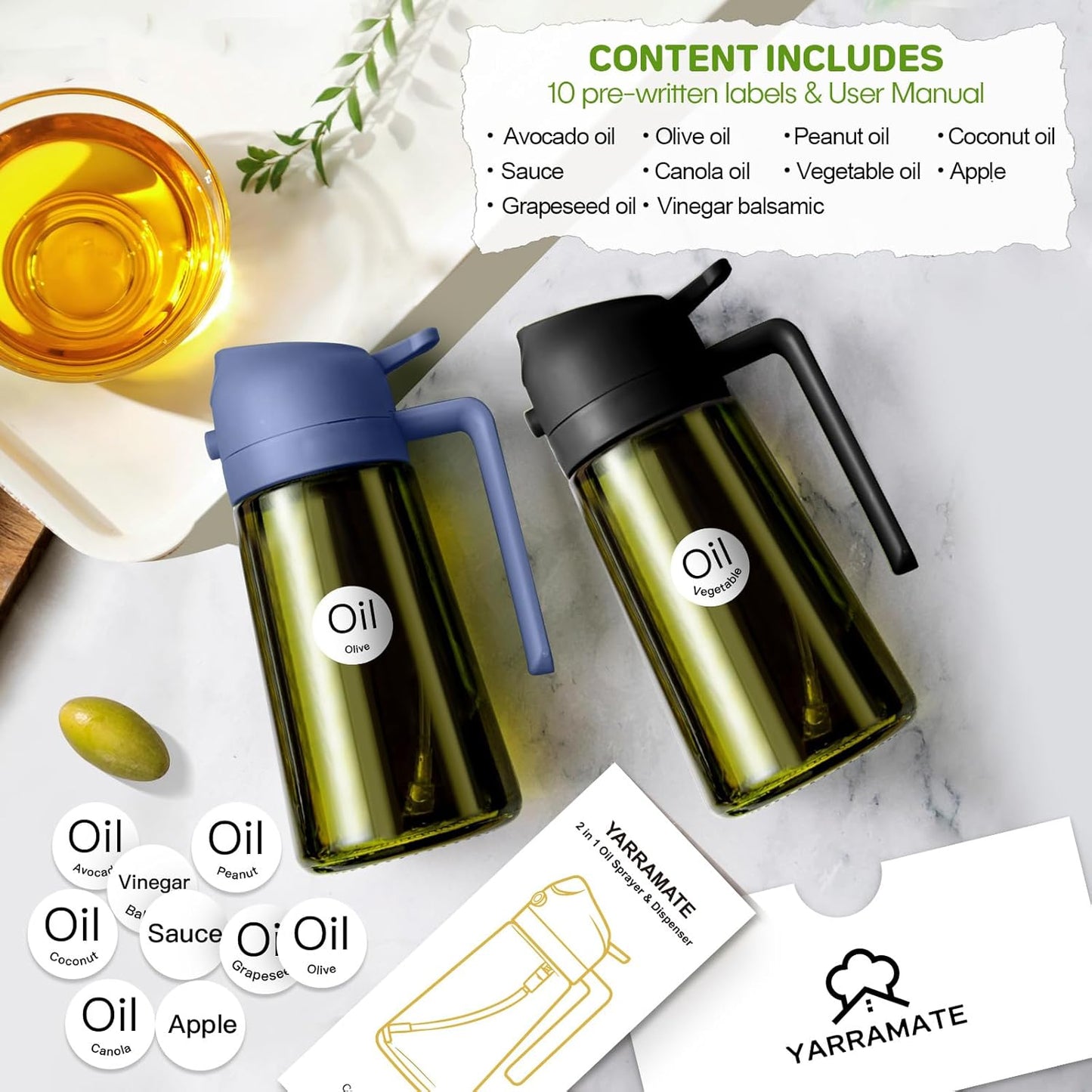 YARRAMATE 16oz/470ml Dark Green Oil Sprayer for Cooking with Stickers, Food-grade Premium 2 in 1 Olive Oil Dispenser Bottle for Kitchen Gadgets, Air Fryer, Salad, Frying, BBQ (Navy)