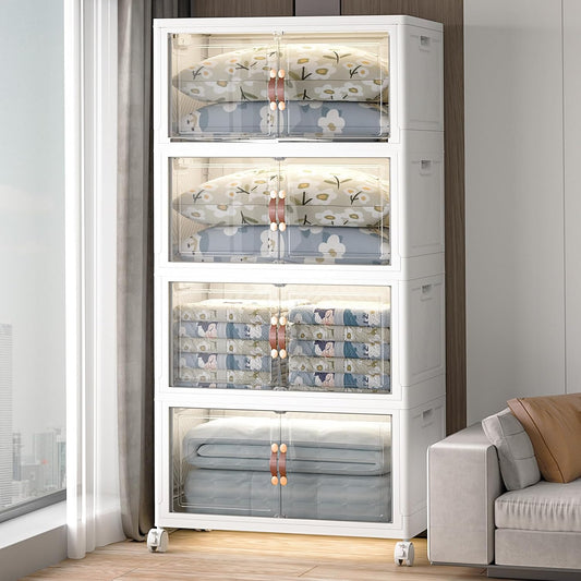 Extra Large Stackable Storage Bins with Lids & Wheels & Door, 640QT-160QT/40GAL*4Pack Foldable Collapsible Closet Organizers, Plastic Containers Drawers for Bedroom Dorm Garage Sturdy MAX