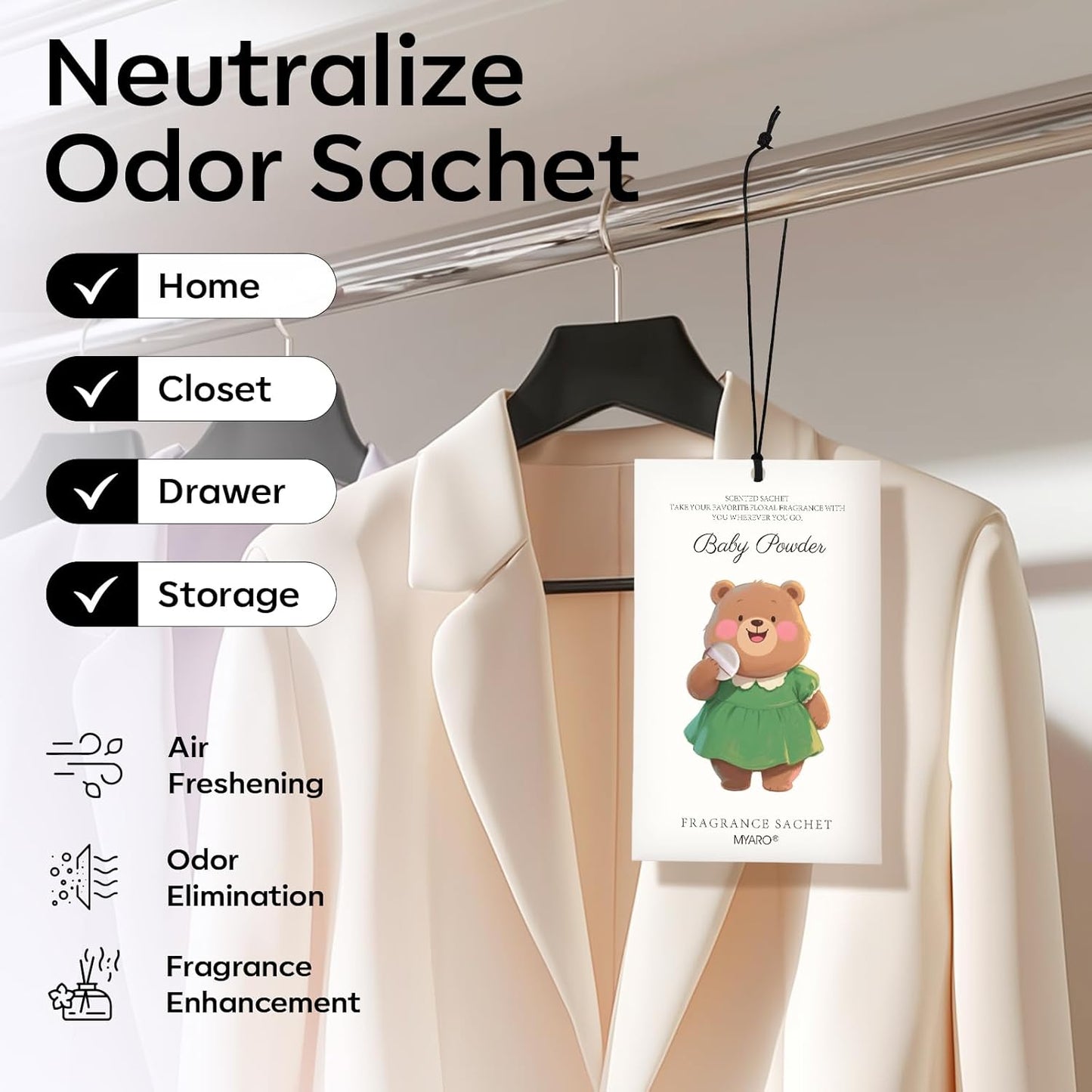 MYARO 12 Packs Baby Powder Scent Sachets Room Air Freshener for Closet Drawer Clothes Storage Small Space Odor Eliminator