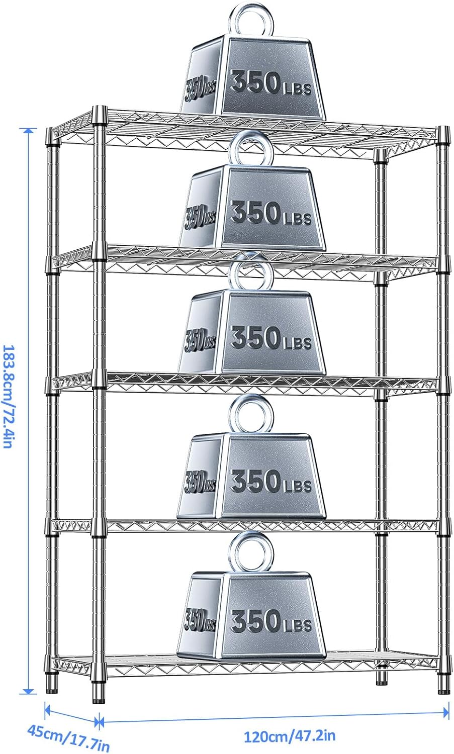 IZEUK 5-Tier Heavy Duty Metal Storage Shelving Unit (Chrome, 17.7" D x 47.2" W x 72.3" H, 1750 lbs Capacity), Adjustable Steel Wire Rack Shelf Organizer for Garage, Kitchen, Pantry, Basement, Laundry