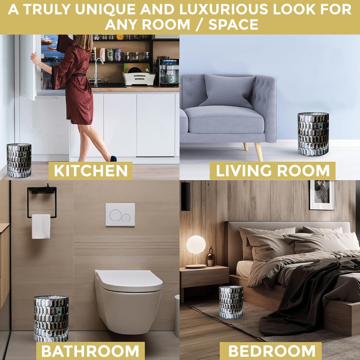 Escenzy Modern Bathroom Trash Can Mosaic Glass 6L | Decorative Small Garbage Can | 8" x 10" | Luxury Waste Basket for Restroom, Office, Bedroom & Kitchen | Shiny Black and Gold Bathroom Accessories