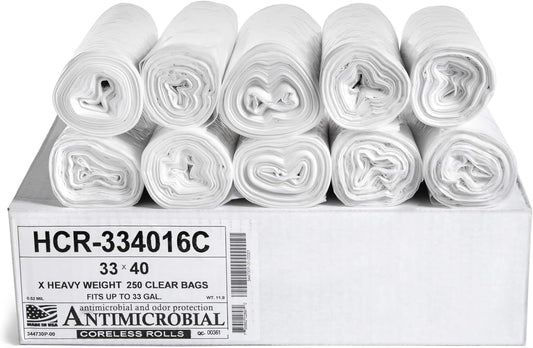 Aluf Plastics High Density Trash Bags, 33 Gallon, 250 Count, 16 Micron (eq), 33" x 40", Clear, for Bathroom, Office, Industrial, Commercial, Janitorial, Municipal, Recycling