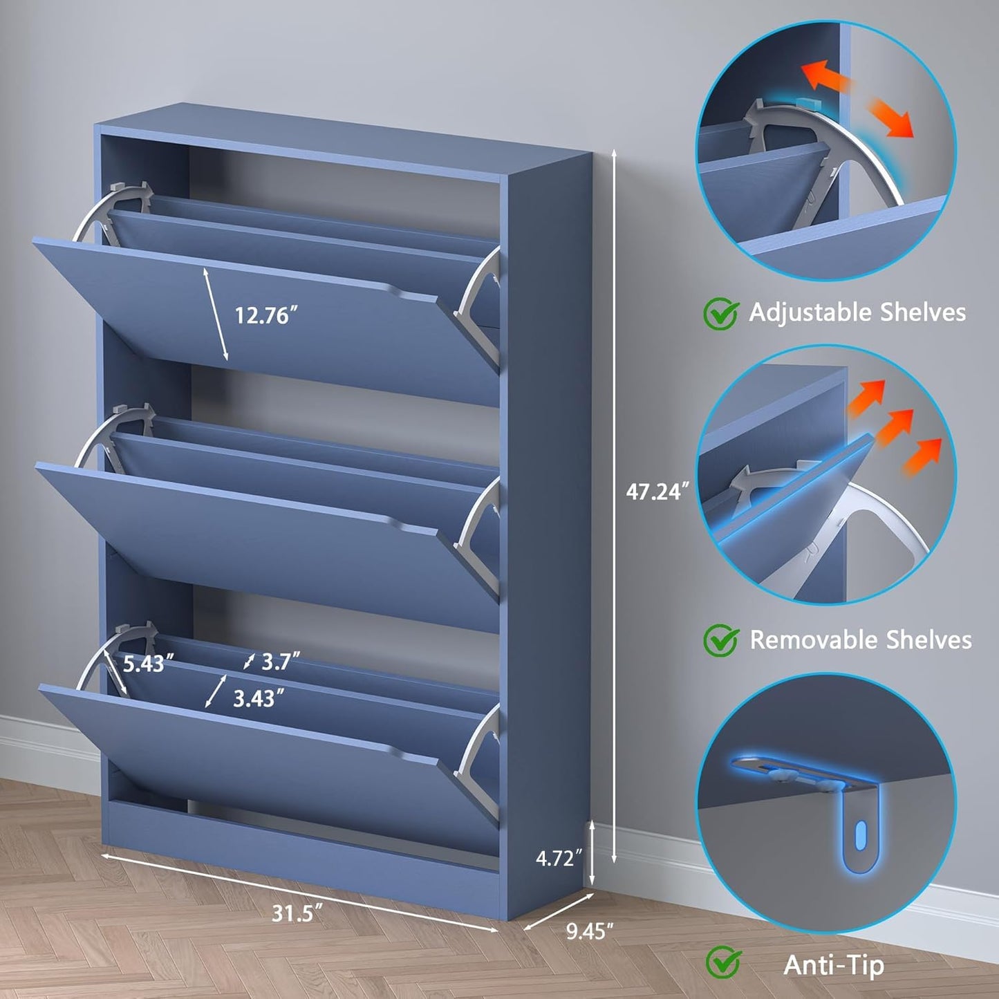 Shoe Cabinet with 3 Flip Drawers, Hidden Wood Shoe Cabinet,Freestanding Shoe Storage Cabinet for Entryway Hallway. 47.2" H*31.5" W*9.45" D