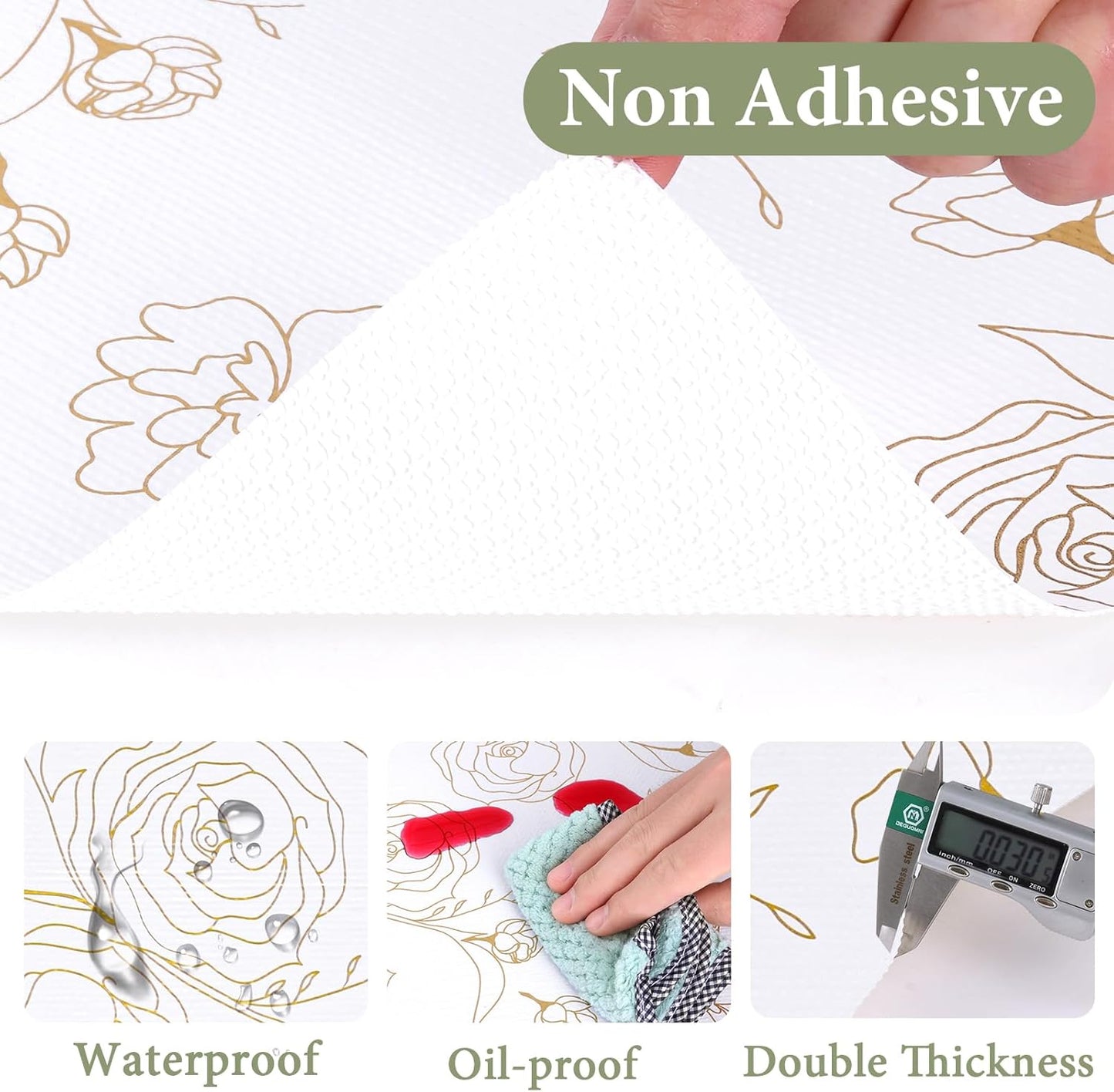 Shelf Liners for Kitchen Cabinets 17.5in x 20FT Non Adhesive Drawer Liner Gold Floral Thickened Shelf Liner Paper Strong Non-Slip Easy to Clean for Tool Box Refrigerator with Knife and Tape Measure