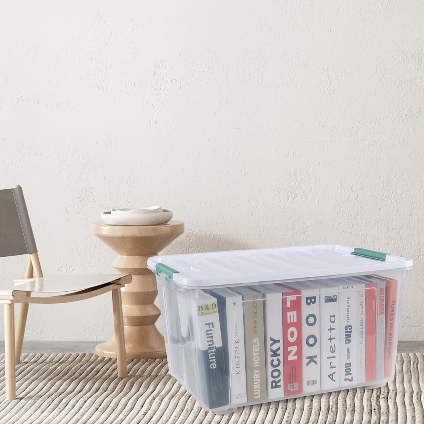 80 L Large Clear View Plastic Storage Bin with Lid and Secure Latching Buckles, 4-Pack Wheeled Clear Storage Boxes