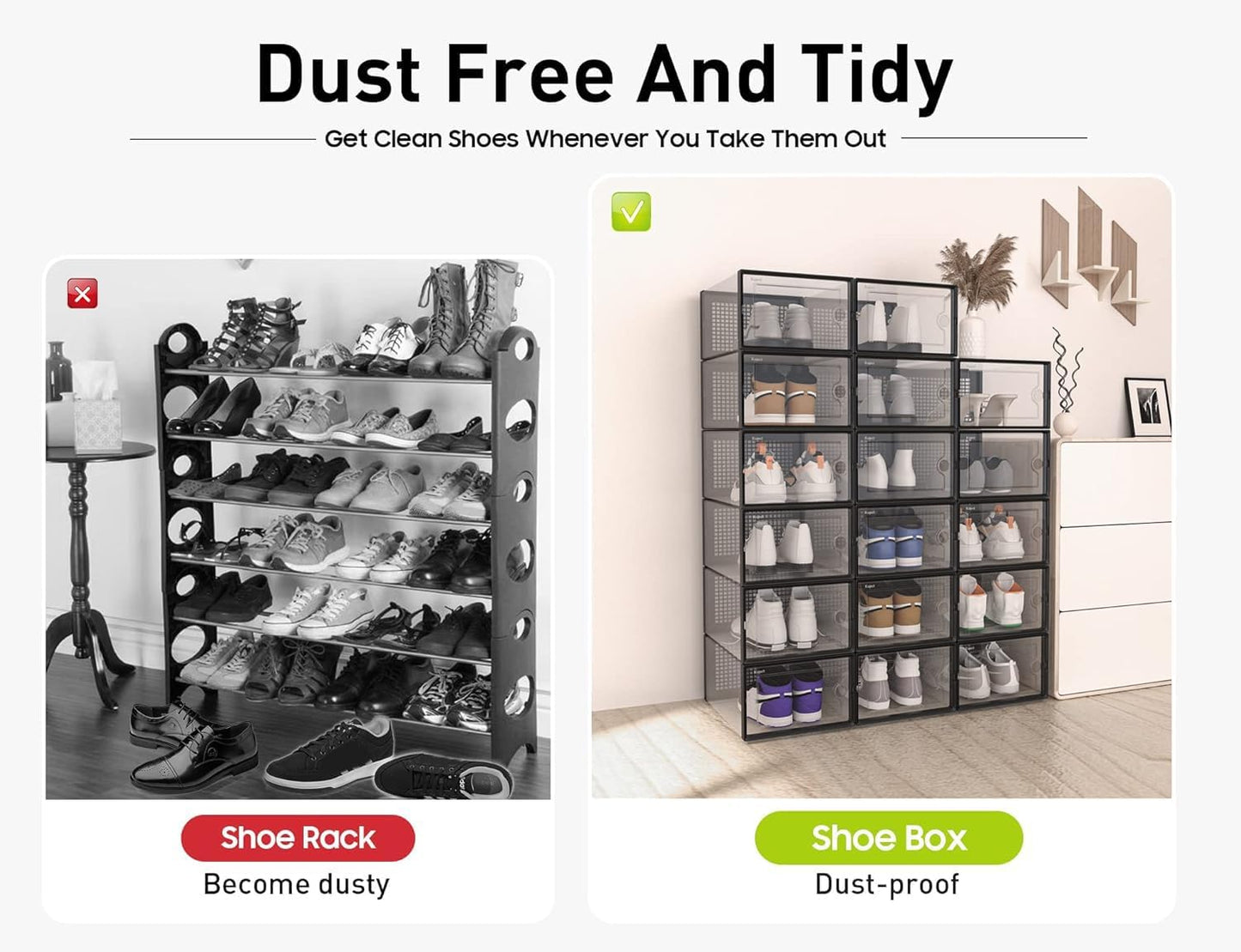 Kuject XX-Large Shoe Storage Boxes Organizers Clear Plastic Stackable 12 Pack, Shoe Rack & Holder Substitute, Sneaker Containers, Toy Storage Organizer Bins for Entryway, Closet, Under Bed, Black