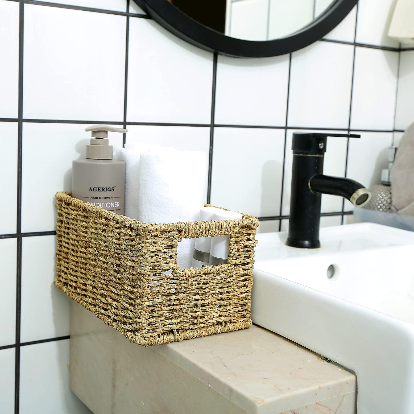 HOONEX Wicker Baskets for Storage, Seagrass Baskets with Dual Handles, Woven Baskets for Shelves, Set of 2, Natural