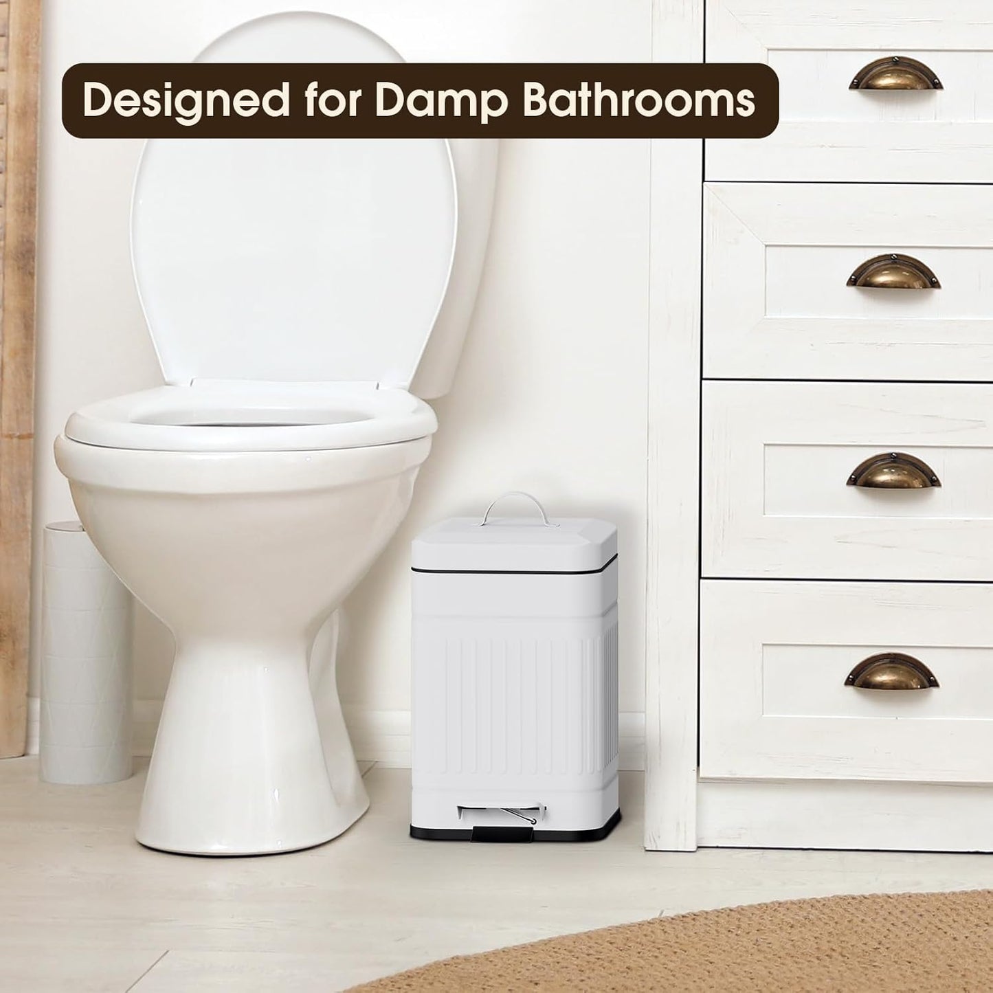 CEROELDA Small Trash Can with Lid-5L/1.3 Gal, Stainless Steel Outdoor Dog Poop Garbage Can-Farmhouse Retro Metal Waste Bin w/Step Pedal for Bathroom Bedroom Office-Soft Close-White