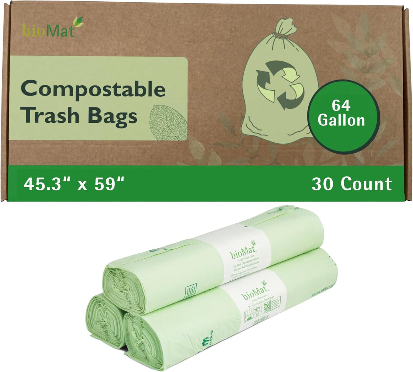 bioMat 64 Gallon Compostable Trash Bags Liners, 30 Count, BPI ASTM D6400 and CMA Certified, Compost Liner Bags for Large Trash Can