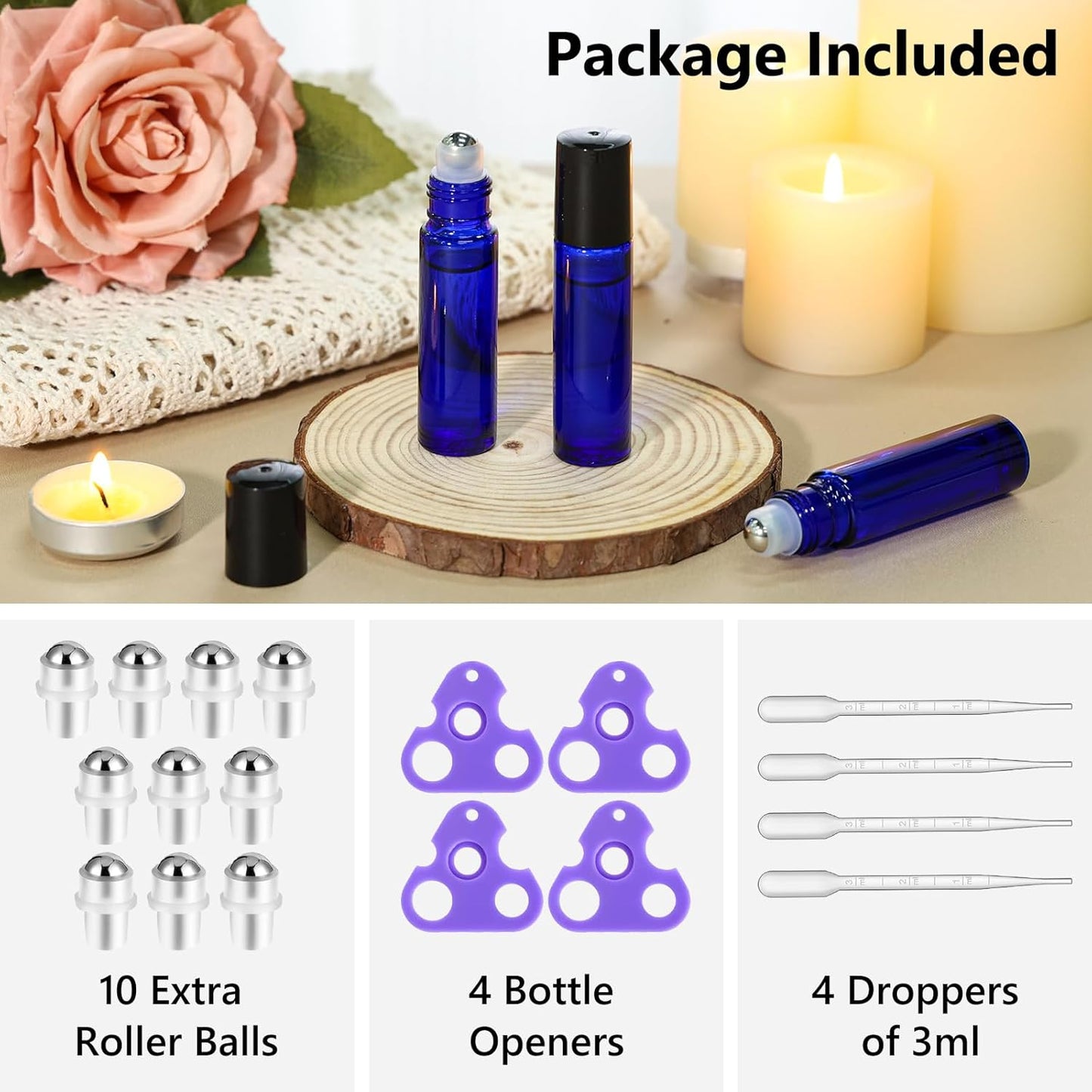 KEYWING 54 Pack Blue Essential Oil Roller Bottles – 10ml Glass Roll-On Bottles with Stainless Steel Roller Balls & Caps, Refillable Perfume Containers for Travel & DIY