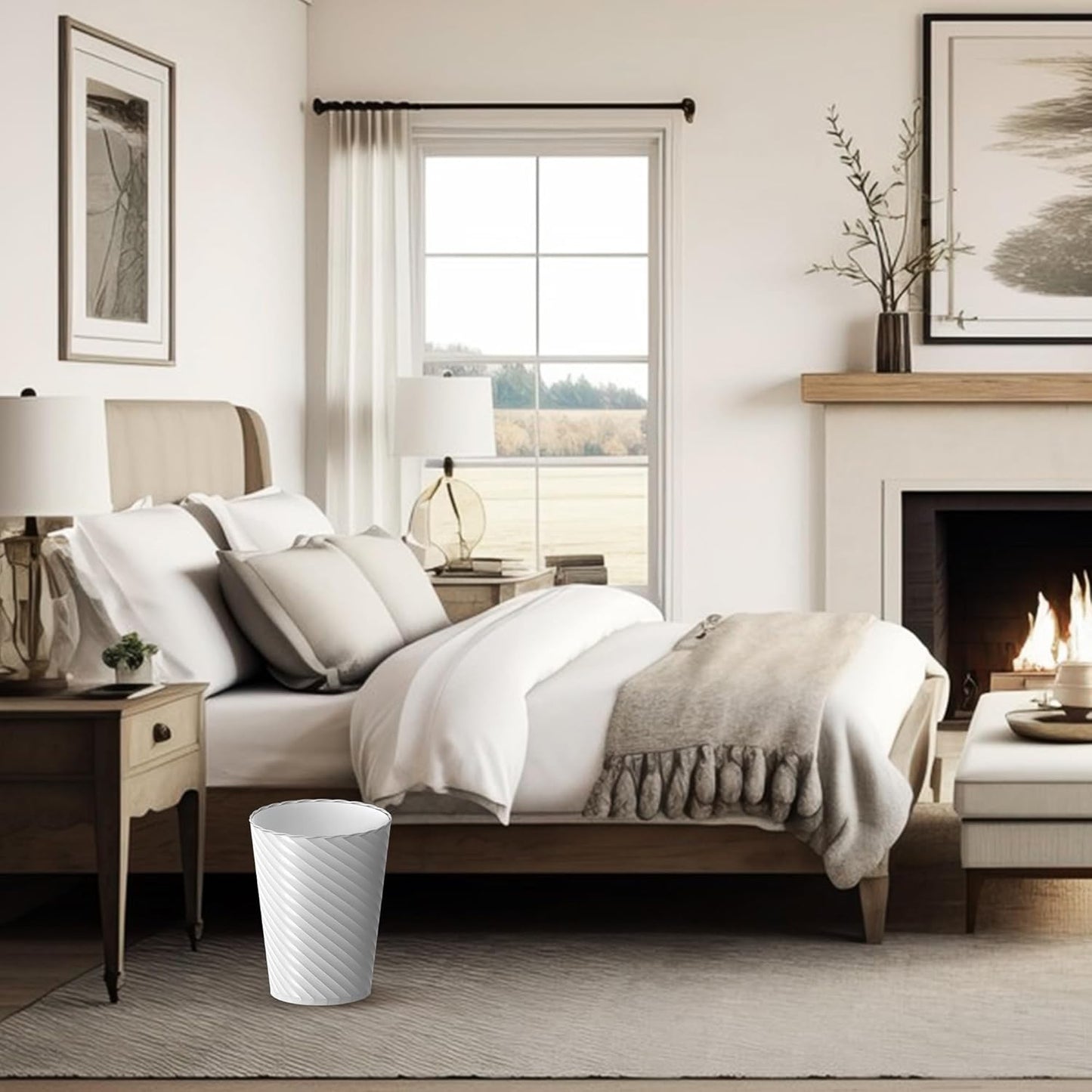 Bathroom Trash Can, 8 Pack 1.8 Gallons Small Trash Can with Trash Bags, Bathroom Garbage Can, Plastic Trash Bin, Round Waste Basket for Bedroom, Office, Kitchen, Room, Compact Space (White)