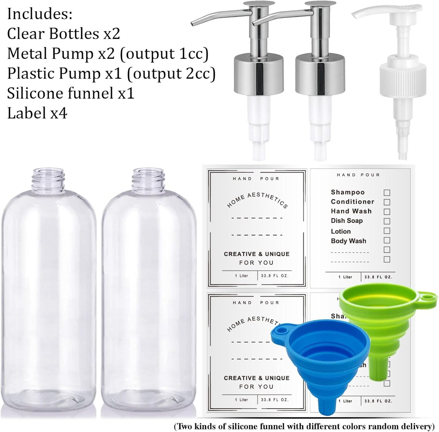 Refillable 32oz Dispenser Plastic Bottle 2pack with Steel Pumps, 1 Liter Crystal Clear Multi-Use Empty Container with Funnel for Shampoo, Conditioner, Body Wash, Liquid Hand Soap, Lotion