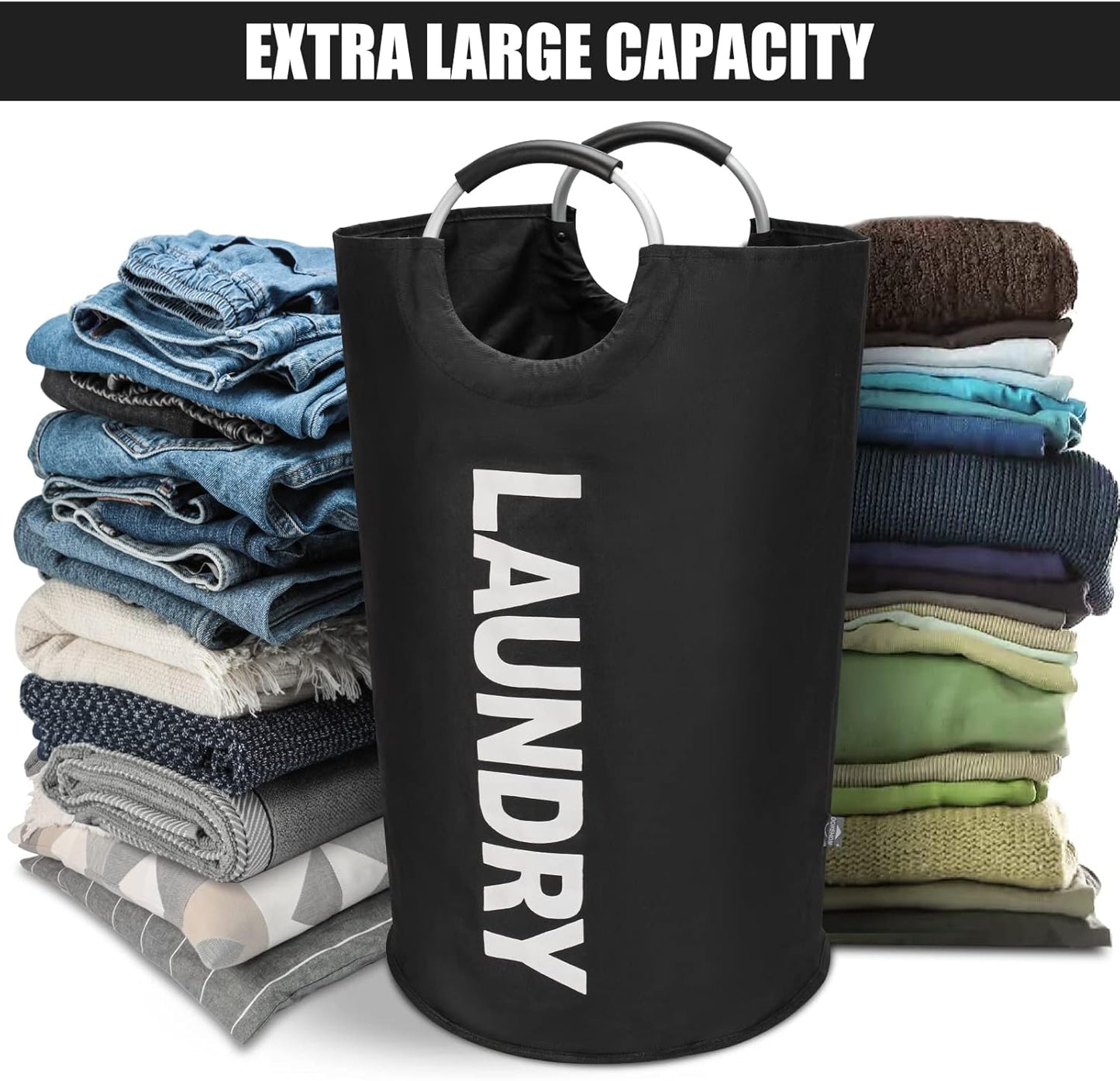 DOKEHOM 125L X-Large Laundry Basket, Collapsible Laundry Bag, Freestanding Tall Clothes Hamper, Foldable Washing Bin (Black)